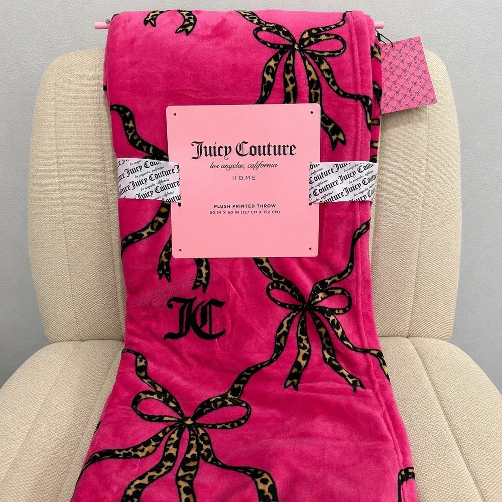 NWT Juicy Couture Home Plush Printed Throw Leopard Print Bows Logo Pink Cheetah